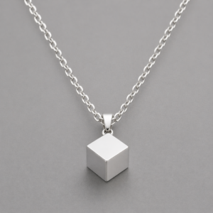 silver cube pendent with chain.